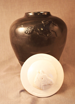 Raven Blackware Pottery - Glory of the Horse Lidded Pot